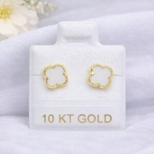 Van Four Leaf White Enamel Stud Earrings Inspired 10K Solid Gold 7mm